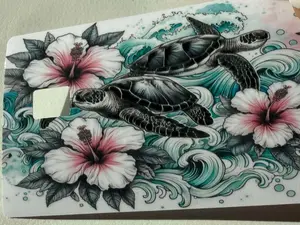 Hawaiian Sea Turtle Credit / Debit Card Skin - Custom Art Design with Floral Elements and Waves