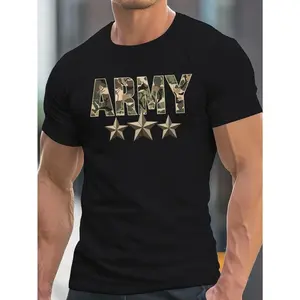 [Camouflage T-shirt] Cotton Camouflage Printed T-shirt, ARMY Letters and Three Stars |   Round Neck Short Sleeve, Loose Casual Bottom Shirt Fitness Sports Tops