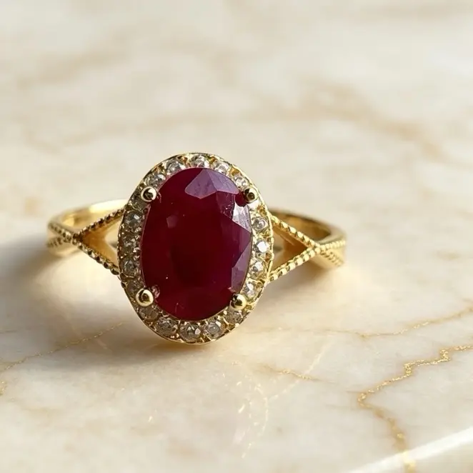 <PingEast jewelry > Ruby ring104----Bold yet elegant — this 925 sterling silver ring showcases a 5×7mm natural Burmese pigeon blood ruby in a sleek four-prong setting, paired with a unique gold-tone crisscross band. Includes certificate of authenticity.