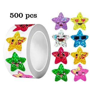 Self-Adhesive Star Smiley Stickers Roll, 500 Pieces, 2.5cm Multi-Color Glitter Stars, Reward Chart Decorative Labels