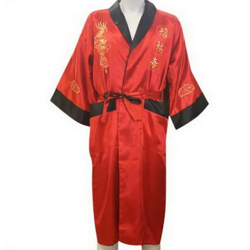 THY COLLECTIBLES Robe for Women, Black Silk Satin Kimono with Embroidered Dragon, Reversible Belted Loungewear, Comfortable Classic Fit, Cold Wash, up to 3XL, Embroidery
