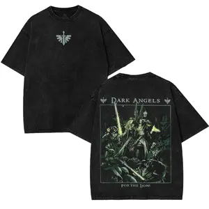 Warhammer 40K Dark angels for the lion game movie art Graphic Tee - Double-Sided Washed Unisex T-Shirt - Wargame Fan Casual Gamer Streetwear men gaming Vintage Fabric Menswear