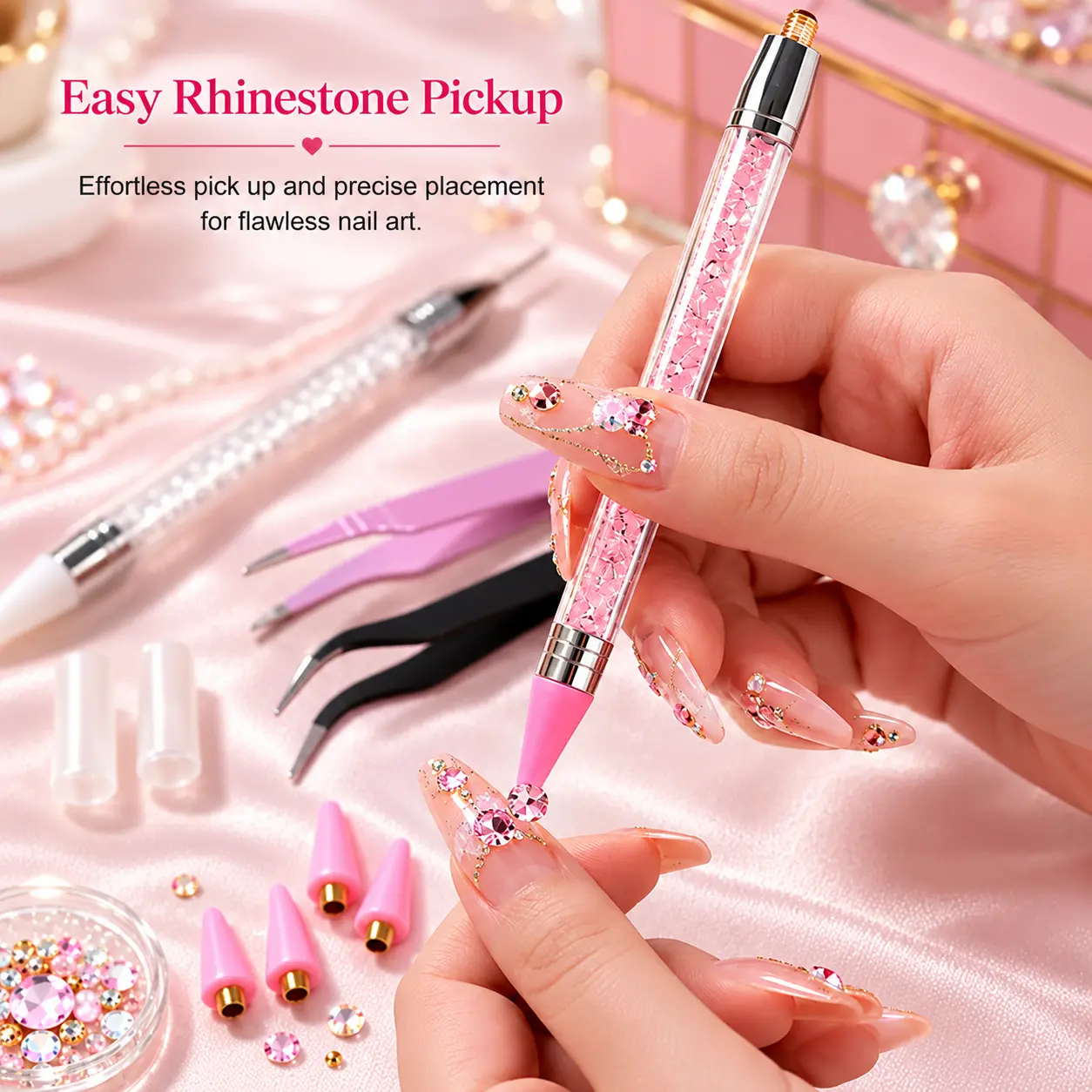 Rhinestone Pickup Tool Set for Diamond Painting DIY - 2 Pickup Pens (White + Pink), 2 Tweezer Pairs, 4 Pen Tips - Ideal for Rhinestone, Gem, Diamond-Style Embellishment Application (Nail Art DIY Tool)