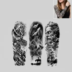 3 Waterproof Full Arm Tattoo Sleeves, Realistic Wolf Ship Skull Designs for Men and Women, Long-Lasting Low-Allergy Body Art, Waterproof Temporary Tattoos