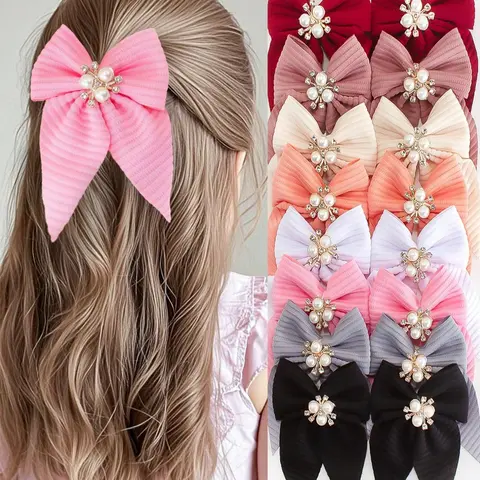 Elegant Girls' Pearl Crystal Hair Clips Set, Textured Bow Design, Perfect for Daily Use & Princess Style, 8-Piece Collection, Hair Accessories Sets, Hair Accessory Set, Hair Decor