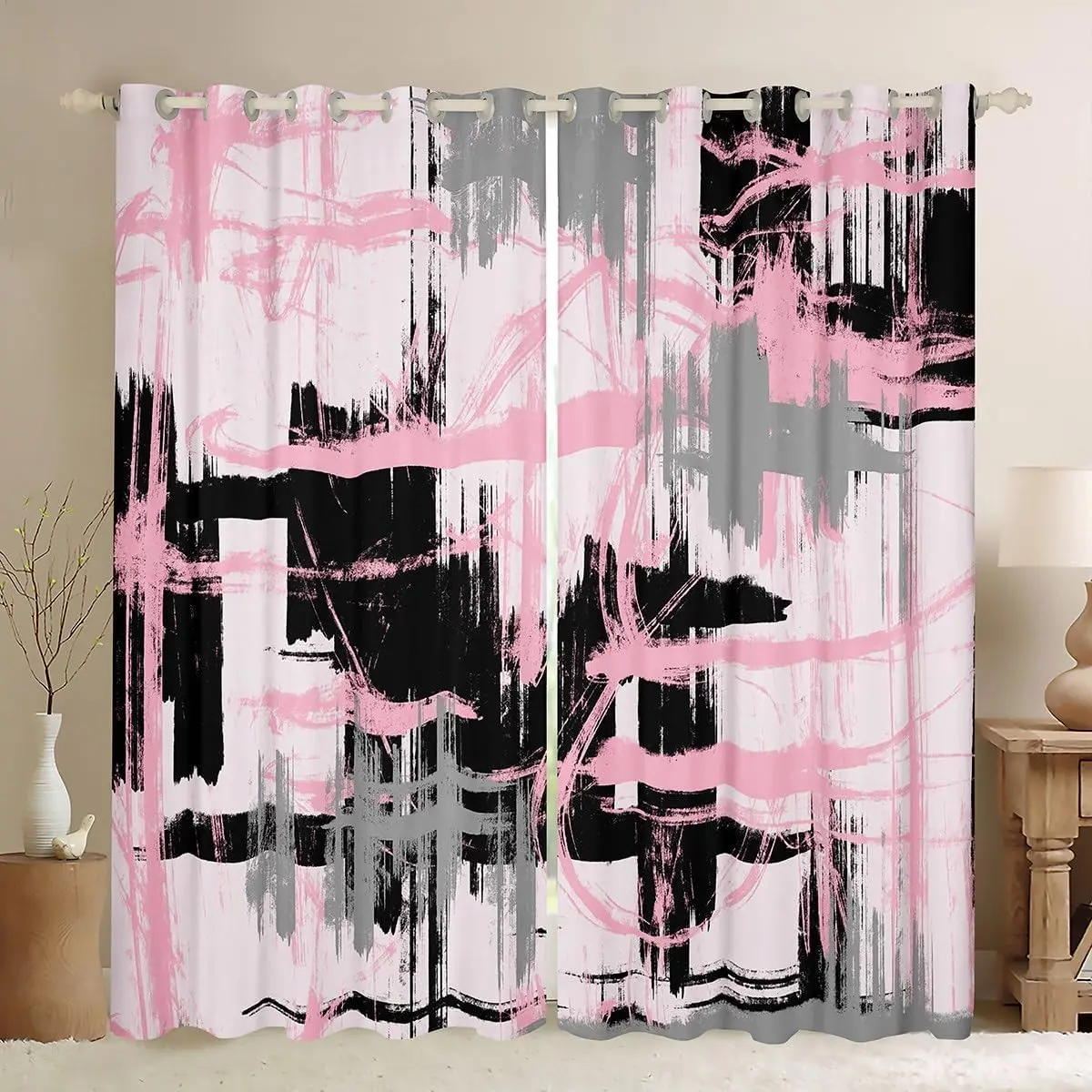 Feelyou Grommet Velvet Blackout Curtains - Velvet Fabric, Bold Striped Abstract Pattern, Colorful Room Darkening, 2 Panels, Durable, Multi-Size, Easy-to-Hang Modern Window Treatments for Bedroom, Living Room, Machine Washable Interior Decor, Room Darkenin