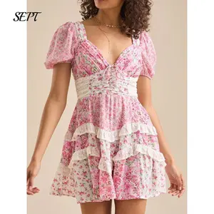 2025SummerWomenFloralPatchworkMiniDressY2kVNeckTieBackTieredRuffleDressesBohemiaLayeredSwingShortDress