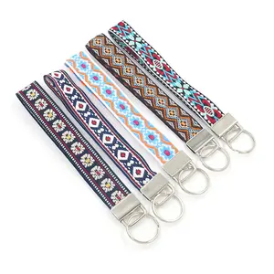 Embroidery Keychain Ethnic Style Woven Handmade Wristband Retro Long Pendant with Colorful Patterns