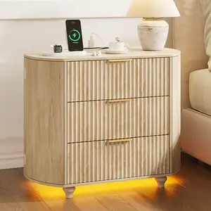 LED Nightstand with Charging Station, 3-Drawer Bedside Table with 3-Color Dimmable Lights, Fluted End Table with Storage Cabinet for Bedroom, Oak & Matte Black