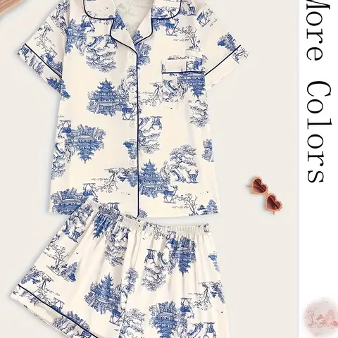 Two-Piece Set Women's All Over Print Lapel Neck Pajama Set, Casual Comfy Short Sleeve Top & Shorts Matching PJ Set, Ladies Sleepwear for All Seasons Casual Pajama Sets, Soft Stretchy Homewear, Casual Pajamas, Printed Sleepwear Set
