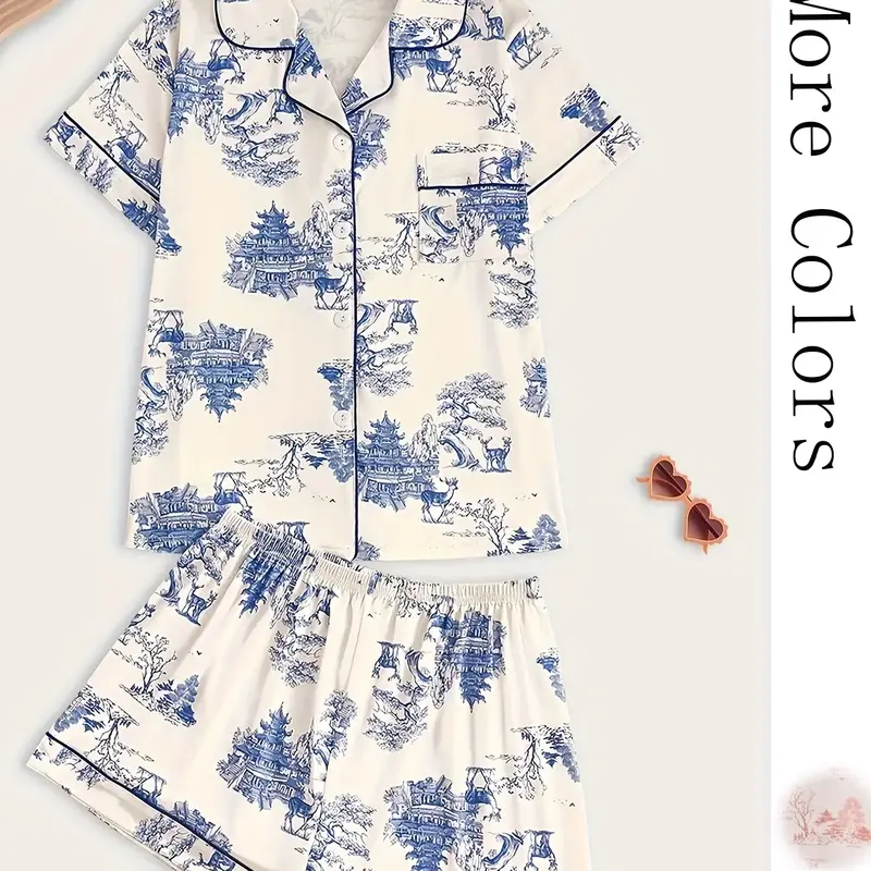 Two-Piece Set Women's All Over Print Lapel Neck Pajama Set, Casual Comfy Short Sleeve Top & Shorts Matching PJ Set, Ladies Sleepwear for All Seasons Casual Pajama Sets, Soft Stretchy Homewear, Casual Pajamas, Printed Sleepwear Set