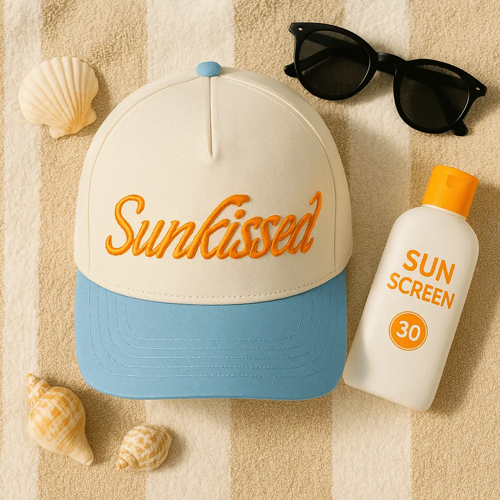 Sunkissed Embroidered Trucker Hat, Summer Beach Hat For Women And Girls, Aesthetic Blue Cream Snapback Cap, Vacation Travel Baseball Hat, Sun Lover Gift Cap, Trendy Coastal Style Hat