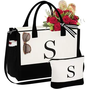 Gifts for Women - Initial Canvas Tote Bag & Makeup Bag, Birthday Gifts for Women Her Wife Mom Friend Teacher