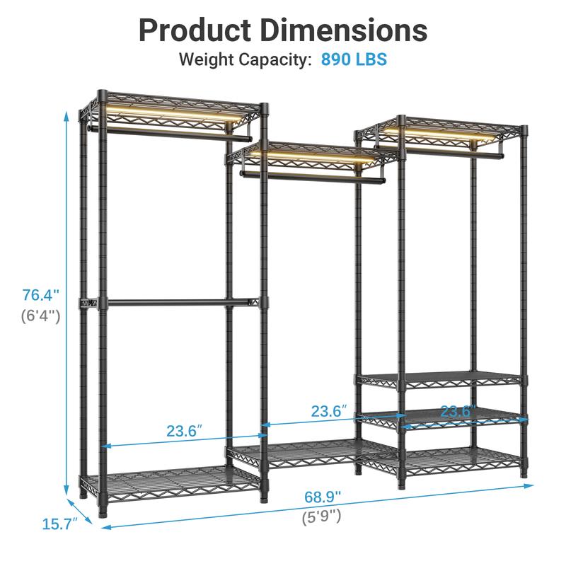VIPEK V5 Series Closet Rack Wardrobe, Heavy Duty Freestanding Clothes Rack with 4 Rods & 8 Adjustable Shelves, Max Load 890LBS for Bedroom Storage