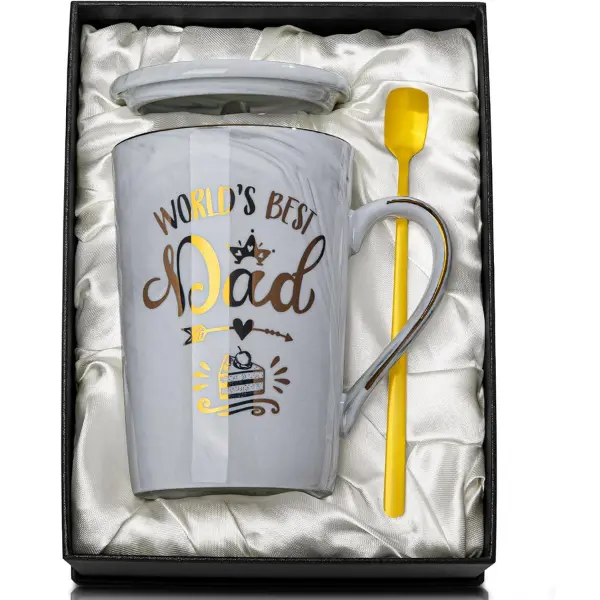 Father's Day Gifts for Dad from Daughter Son World's c Funny Dad Birthday Gift 14oz Grey Marble Ceramic Coffee Mug with Lid & Spoon Gift Box Father's Day Present for Daddy