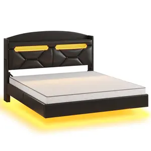 LED Floating PU Leather Upholstered Bed Frame Black