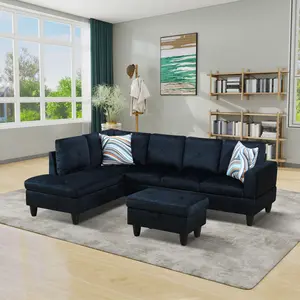 Midnight Blue Microfiber 3-Piece Sectional Sofa Set Contemporary Living Room Furniture for Apartment