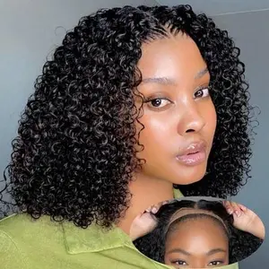 NC Hair Curly Bob Wig Human Hair 13x4 HD Lace Front Wig Glueless Drawstring Wig Pre Plucked Bob Wig 200 Density Wear And Go Natural Black Curly Wig Beginner Friendly Lace Wig