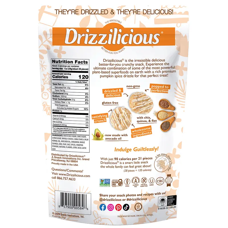 NEW! 6 Pack Drizzilicious Pumpkin Spice Mini Rice Cakes For Halloween - 4oz Bags