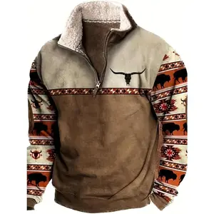 Vintage Aztec Bull Head Embroidered Hoodie for Men - Western Casual Pullover Sweatshirt with Long Sleeve Drawstring, Trendy Ethnic Print Country Style Spring Fall Clothing