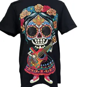 Catrina with Guitar T-shirts for Mens Crewneck Floral Tropical Menswear Shortsleeve Black Top