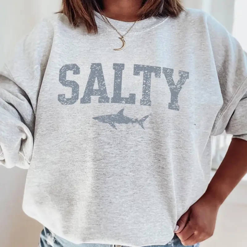 Vintage Salty Shark Sweatshirt, Retro Beach Crewneck, Cute Ocean Graphic Pullover, Summer Vacation Sweatshirt, Shark Lover Gift for Women, Cozy Casual Gift, Apparel,Cotton Top