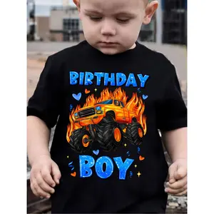 Birthday Boy and Monster Truck Printed Boy T-shirt, Lightweight Comfortable Short Sleeve T-shirt, Boy Summer Clothing