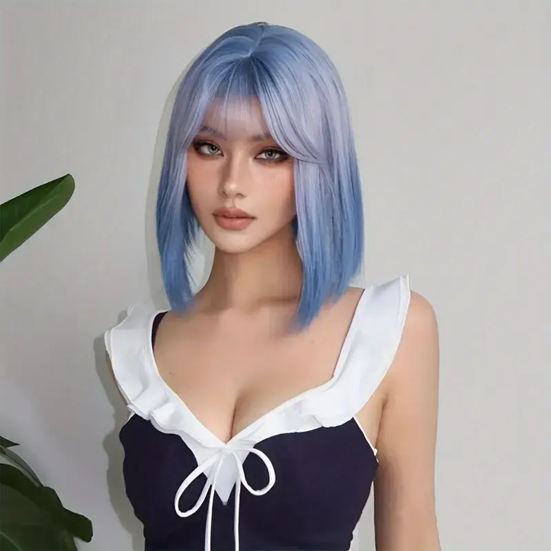 Blue Ombre Color Short Straight Bob Wig With Bangs 14 Inch Baby Full Machine Made Wig Synthetic Heat-Resistant Wig Daily Wear Women Wig Natural Hair