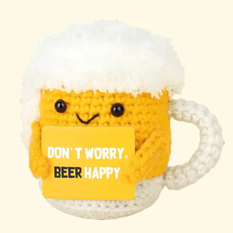 Positive Emotional Support Crochet Beer, Cheer Up Gag Gifts for Best Friend Coworker Men Women, Mini Funny Handmade Crochet Beer with Positive Card, Christmas Birthday Gift