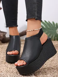 Retro Wedge Heel Women's Sandals, Thick Sole Waterproof Toe-Exposed Mules, Elastic Back Strap Non-Slip, Commuter/shopping/casual Height Increase Shoes