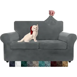 Velvet 3 Pieces Loveseat Slipcovers Stretch Couch Cover for 2 Cushion Couch Thick Soft Loveseat Covers for Dogs Sofa Protector (Loveseat, Gray)
