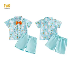 2pcs Toddler Boy Easter Outfit Bow Tie Button Up Short Sleeve Shirt Casual Shorts Baby Summer Clothes Cute Outfits