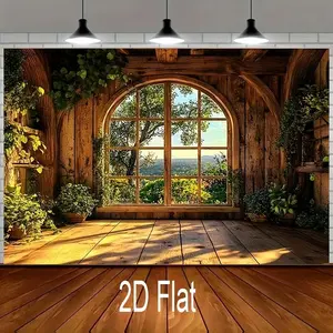 [Rustic Wooden Window Backdrop] 2D Flat, 1pc Rustic Wooden Window View Backdrop with Plants & Greenery - Polyester Photography Background for Events, Parties, and Outdoor Celebrations, Perfect fo