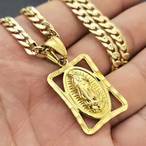 MaxBling81 Guadalupe Virgin Mary Holy Religious High-End Pendant with 14K Stamped 5mm 20"-24" Brass Cuban Chain, Hip Hop Style Fashion Costume Jewelry Necklace