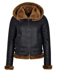 Women's Black Leather Shearling Aviator Jacket With Hood