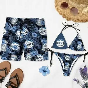 Busch Tropical Forest Matching Couple Swimsuit Set – Nature Inspired Bikini & Men’s Swim Trunks, Summer Hawaii Beach Outfit, Lightweight Quick Dry Honeymoon Swimwear, Gift for Beer Lover