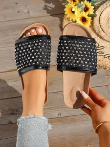 Women's Toe-Open Flat Sandals, Glitter Strappy Sandals, Sparkling Rhinestone Design Slippers, Breathable Comfort, Outdoor Walking or Home Use