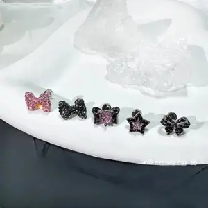 1PCS Cute Black Pink Sweet Bow  Zircon 316L Stainless Steel Ear Bone Nail for Women Y2K Piercing Cochlear Accessories