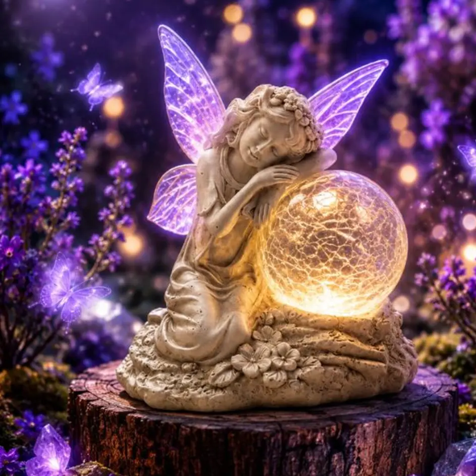 Solar Garden Fairy Statue Outdoor Decor - Resin Figurine with Light-Up Wings, Crackle Glass Ball, Waterproof LED Night Light, Solar-Powered Yd Art Ornament, Holiday Gift for Lawn Garden, Gift Idea