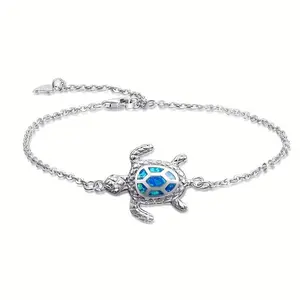 Hawaiian Blue Opal Turtle Anklet for Women, Silver Plated Copper, Animal Theme, Synthetic Opal, Vacation Style, Daily & Gift Occasion, Valentine'S Day Suitable, All Seasons