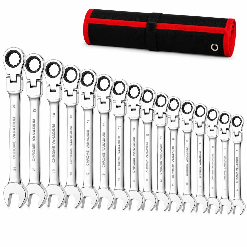 16PCS Flex Head Ratcheting Wrench Set, 6-24 mm Metric Combination Wrench Set with Roll-Up Pouch, 72-Tooth Chrome Vanadium Steel, Professional Tool for Automotive Repair and Home Maintenance