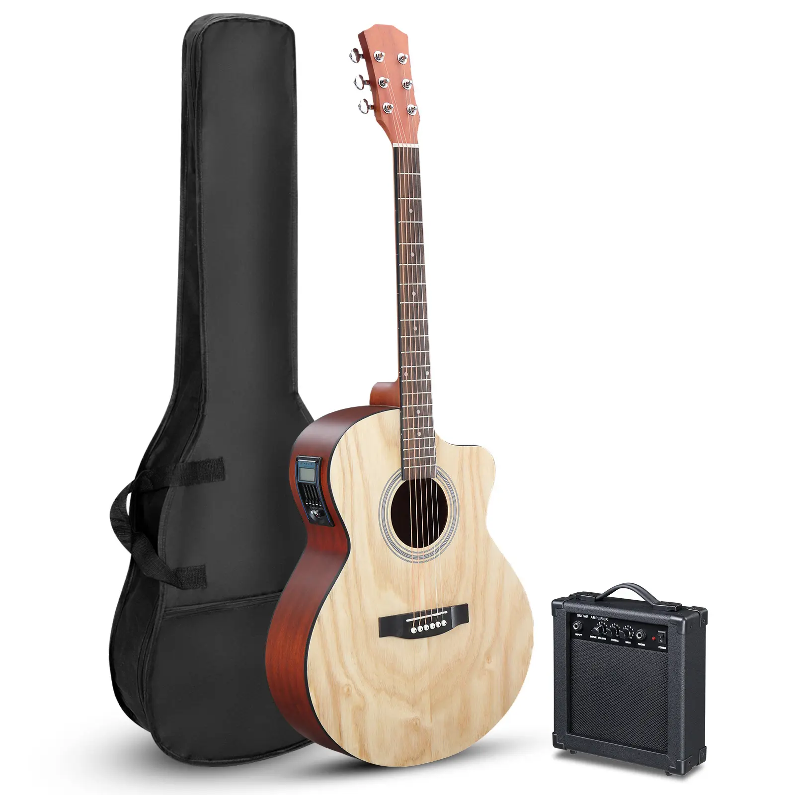 KMA201 41-in Willow Panel Acoustic Guitar for Students, Matte Binding, Rosewood Accents, Equalizer 15W Amplifier, Guitar Bag, Tuner, 1/4-inch Input, 1 x Set of Strings, Wrench Tool, 1 x Connecting Line, Guard Board (Natural Wood Color), 1 X Guitar
