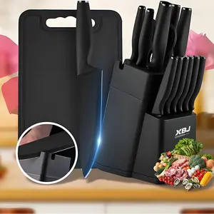 XBJ 15-Piece Premium Stainless Steel Knives & Cutlery Set with Built-in Sharpening Tool - Home Kitchen Gift Set Including Chef, Japanese, Meat Chopper, Bread Knives & Scissors, Washable Pink Silicone-Plastic Cutting Block for Kitchen Organization