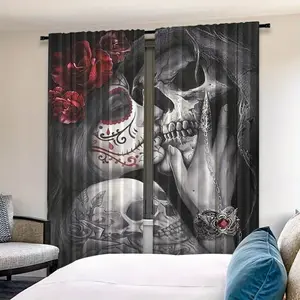 2pcs Gothic Skeleton Skull Curtains, High-Definition Digital Print, Polyester Material, Semi-Transparent, Privacy Protection, Washable, Home Decoration Curtain
