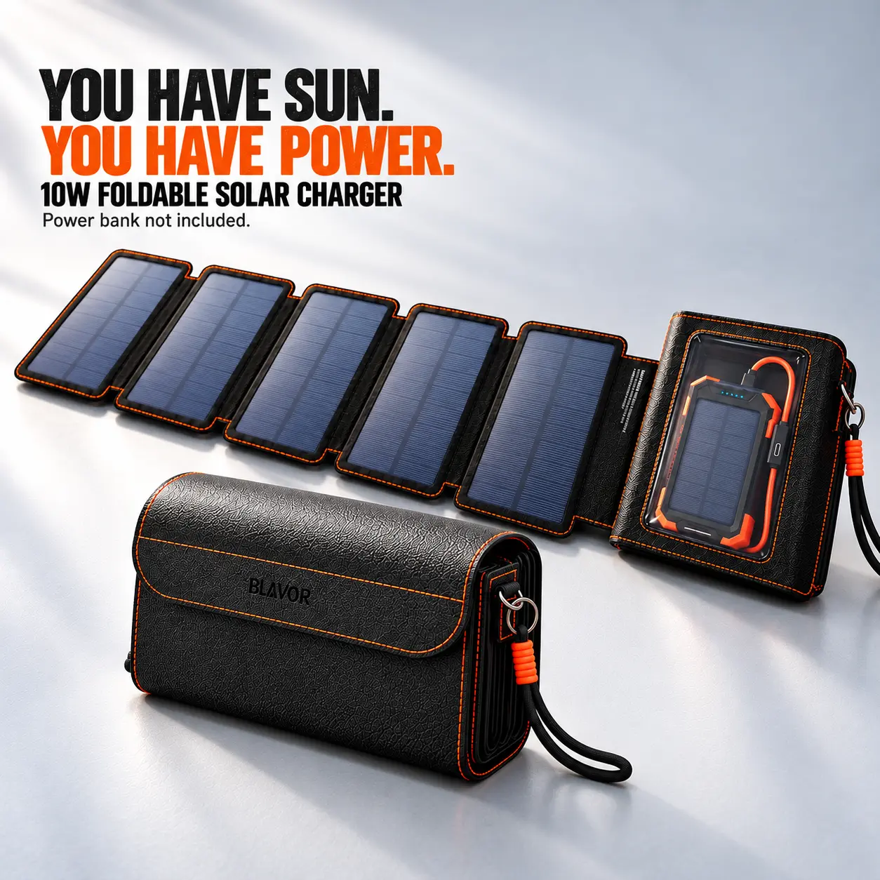 BLAVOR Portable Foldable Solar Charging Pack with 5 Connected Panels, USB-C Output, Clear Device Pocket for On-the-Go Use Compact Phone
