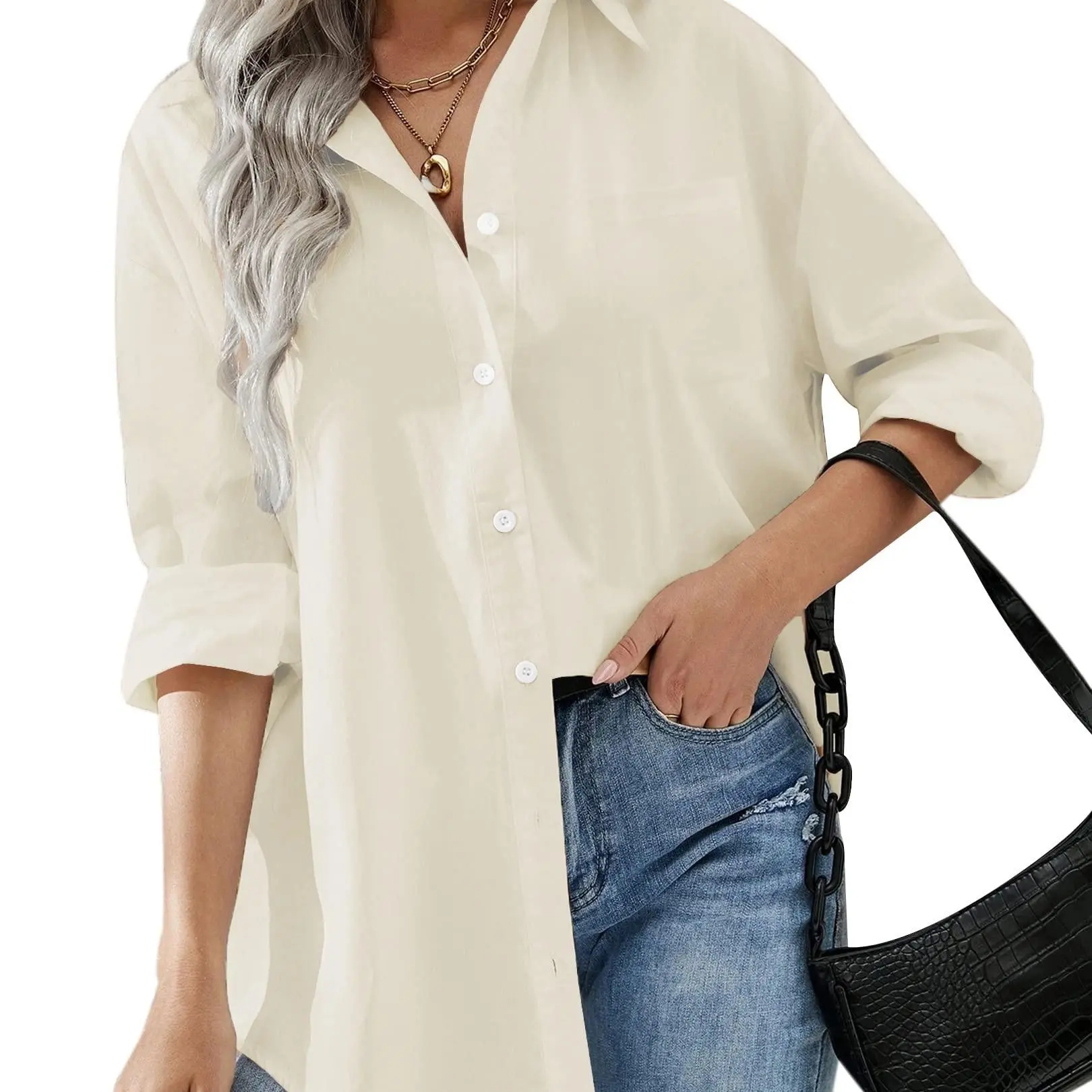 Women Oversized Button Down Shirts Office Drop Shoulder Blouse Long Sleeve Boyfriend Dress Shirt with Pockets