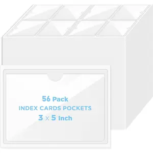 56 Pack Clear Self-Adhesive Pockets, 3" x 5" Index Card Pockets with Top Open Loading, PVC Label Holders for Organizing Storage Bins, Library Card, Drawer, and Protecting Your Cards