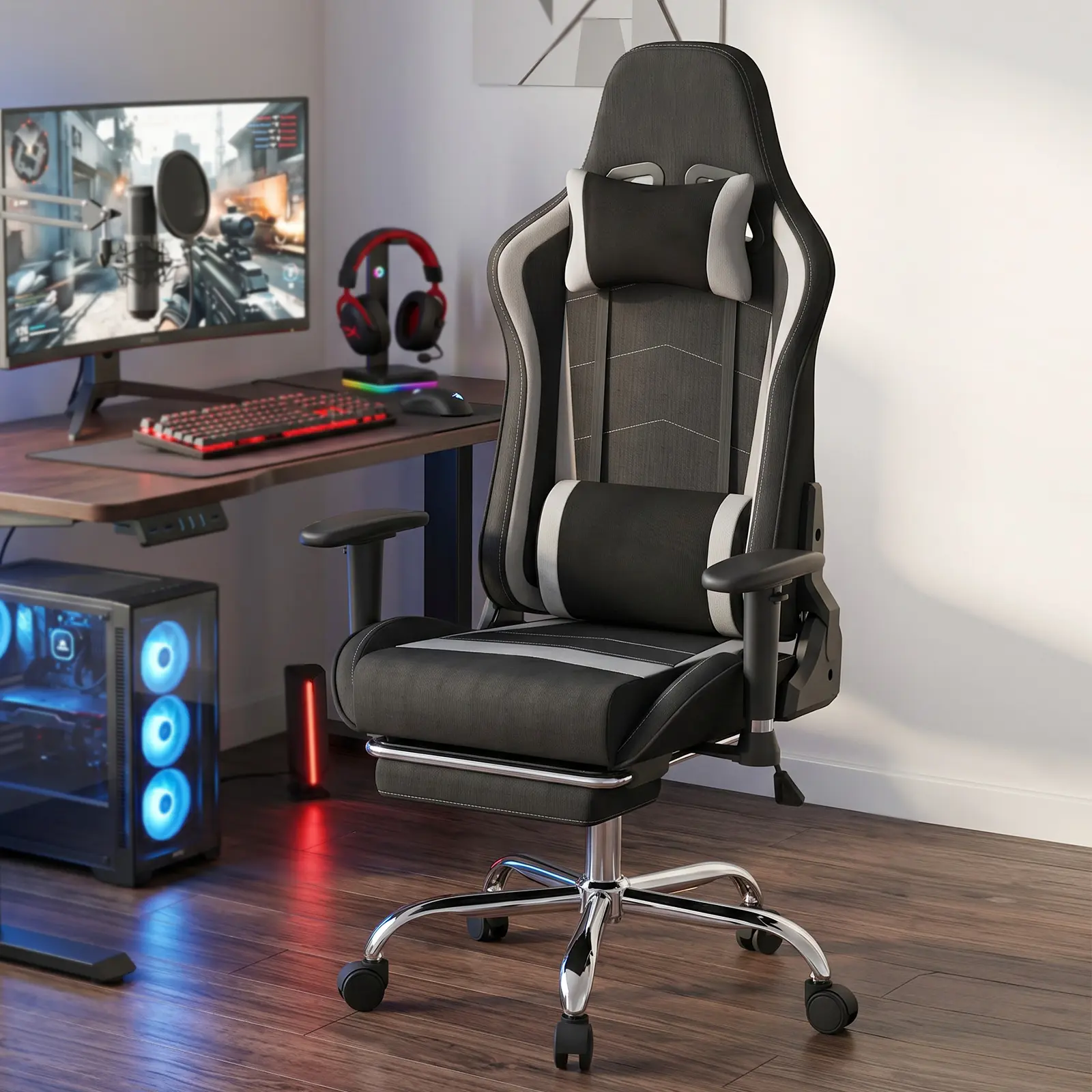 Gaming Chair,Office Chair with Footrest,Massage,Black Grey | Breathable Fabric,Ergonomic,Spring Cushion,High Back,3D Adjustable Arms,Reclining,Lumbar Support,Headrest,Gamer Chair