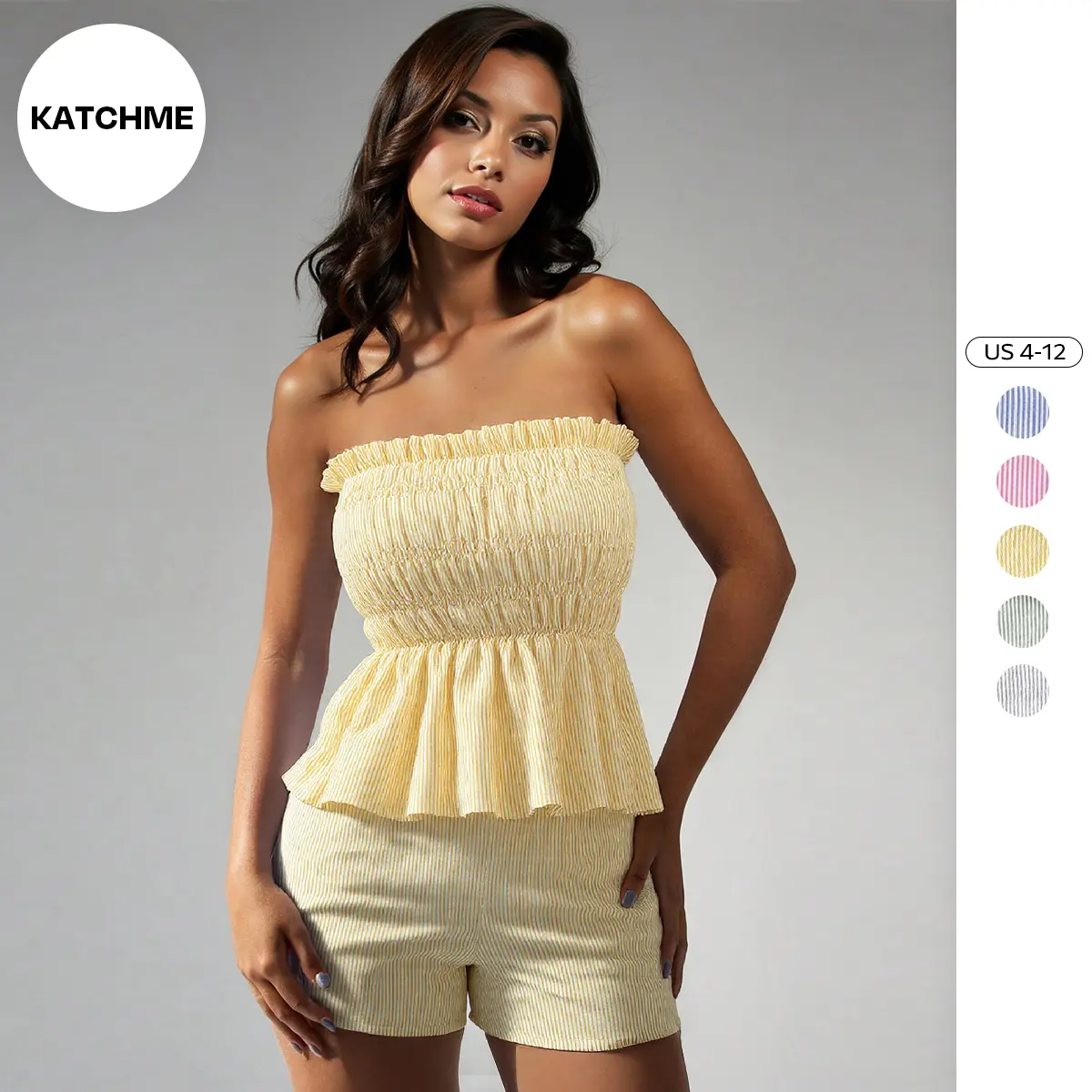 KatchMe Women's Vibrant Pinstripes Flounce Tube Top & Pocket Shorts Co-ord, Minimalist Ruched Two Piece Outfits for Outdoor, Comfortable Womenswear