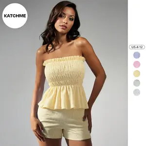 KatchMe Women's Vibrant Pinstripes Flounce Tube Top & Pocket Shorts Co-ord, Minimalist Ruched Two Piece Outfits for Outdoor, Comfortable Womenswear